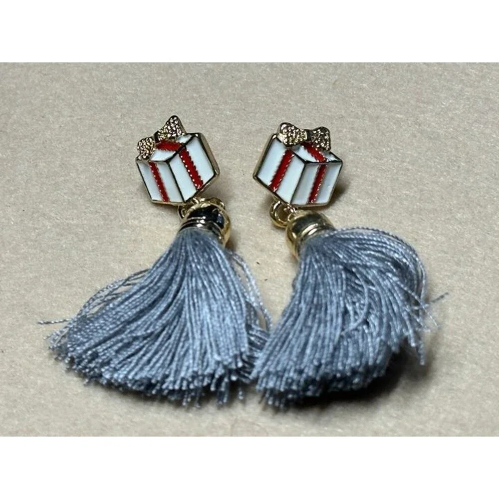gold tone gift box charm gray tassel drop earrings holiday jewelry nwt new